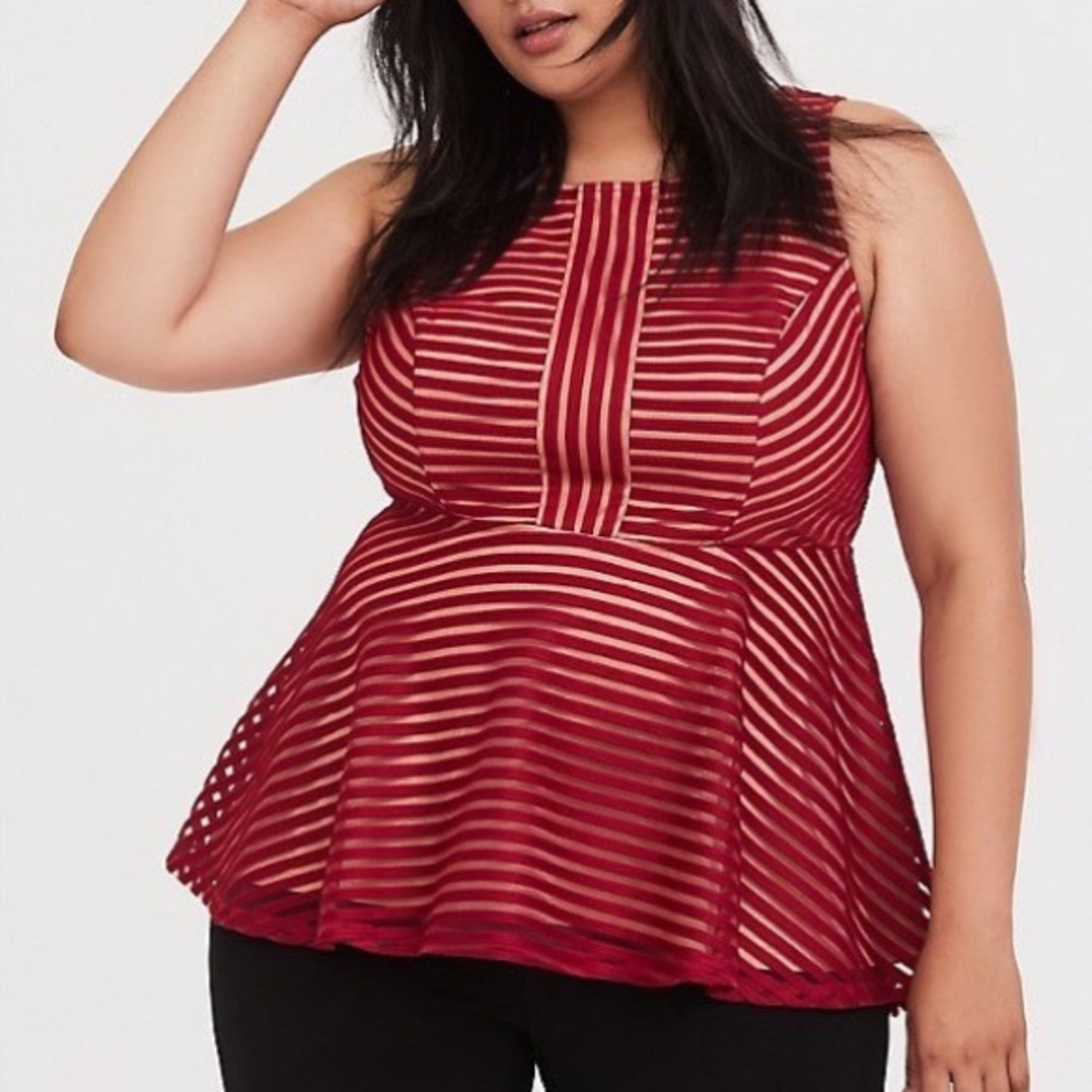Torrid Dark Red & Cream Shadow Stripe Peplum Top Womens Plus Size 1X 14/16